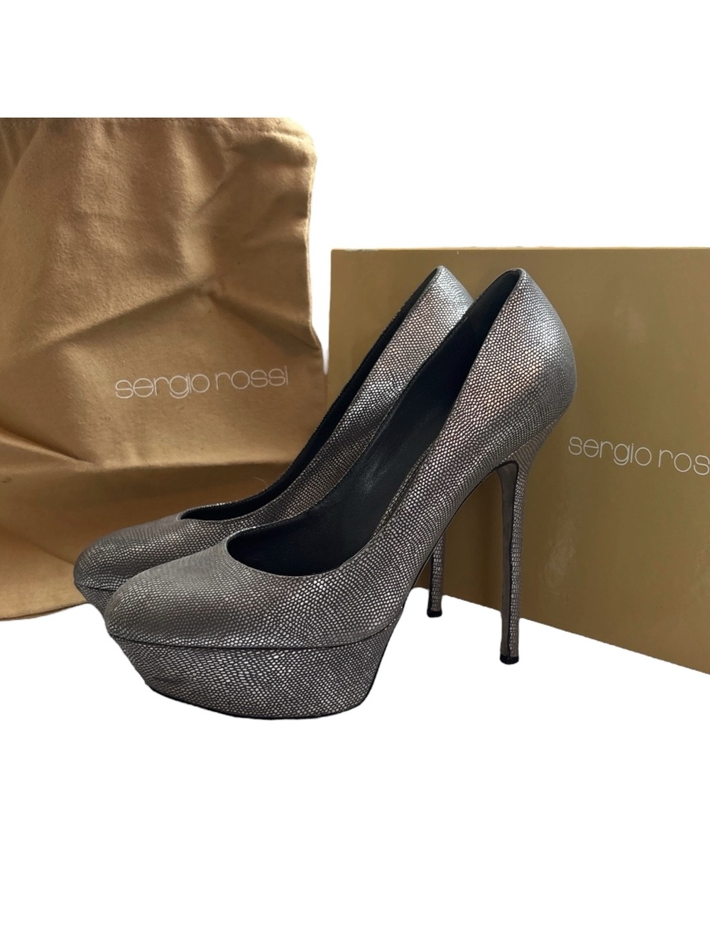 Sergio Rossi Italy $715 Metallic Platform Pump Heels Silver Lame Size 40 US 9.5